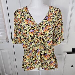 Pleione Floral Blouse‎ Top Women Medium Peasant YelllowRuched V Neck Bohemian